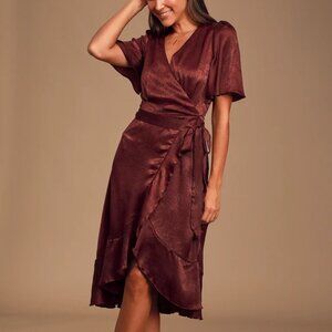 Lulus Wrapped Up In Love Burgundy Satin Faux-Wrap Midi Dress Lulus